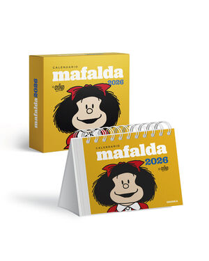 MAFALDA 2026, CALENDARIO ESCRITORIO AMARILLO CON CAJA