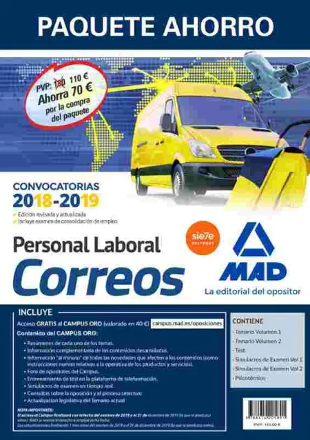 Paquete Ahorro Personal Laboral Correos. Ahorro de 70 ? (Incluye Temarios 1 y 2;