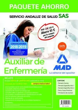 Paquete Ahorro Auxiliar Enfermería del Servicio Andaluz de Salud. Ahorro de 93  (Incluye Temario Común, Temario Específico Volúmenes 1 y 2, Test y Casos Prácticos, Simulacros de Exam