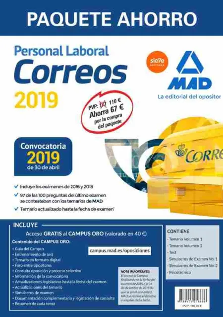 Paquete Ahorro Personal Laboral Correos. Ahorro de 67  (Incluye Temarios 1 y 2;