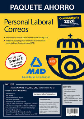 PAQUETE AHORRO PERSONAL LABORAL CORREOS 2020. AHORRA 68 Ç (INCLUYE TEMARIOS 1 Y