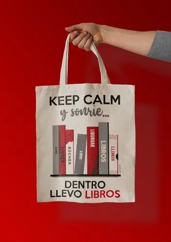 Bolsa Tela Algodon Personalizada Keep Calm y Sonrie. Dentro Llevo Libros