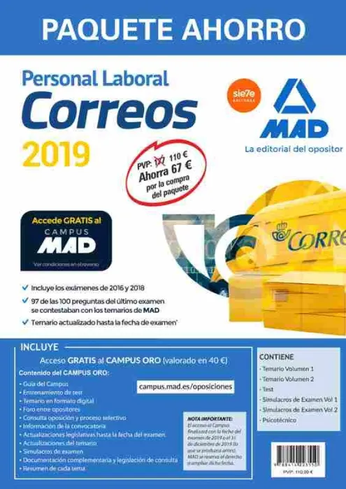 Paquete Ahorro Personal Laboral Correos. Ahorro de 67 (Incluye Temarios 1 y 2;