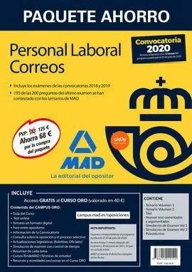 Paquete Ahorro Personal Laboral Correos 2020. Ahorra 68 Ç (Incluye Temarios 1 y